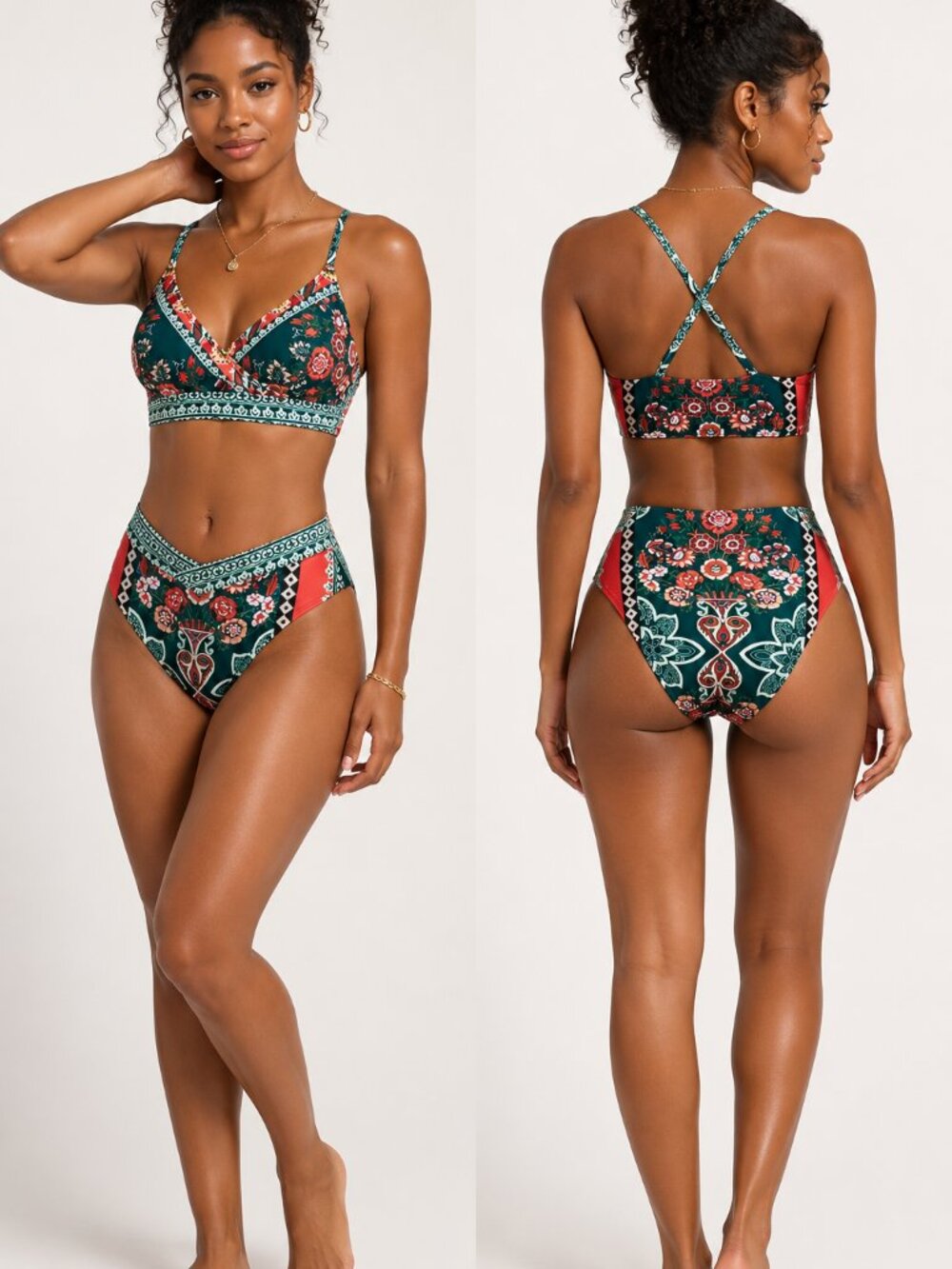 Cupshe Vintage Paisley Triangle Bikini Set Green Orange Small NWOT